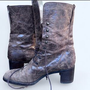 Women’s Brown Leather Lace-Up Mid-Heel Boots